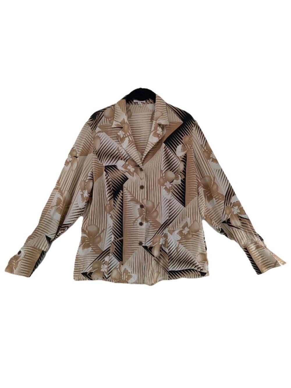 Escada Silk Blouse Top Womens Sz 42 US 10 Brown Abstract Geometric Warm Neutral